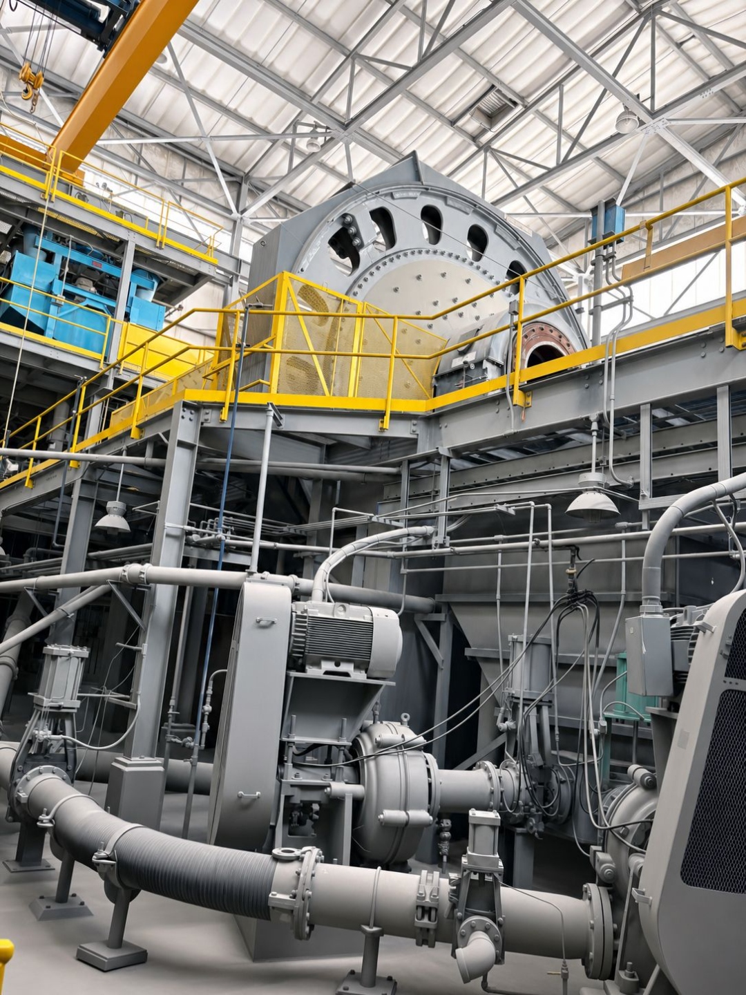 Mill hall with overhead crane and concentrator drum