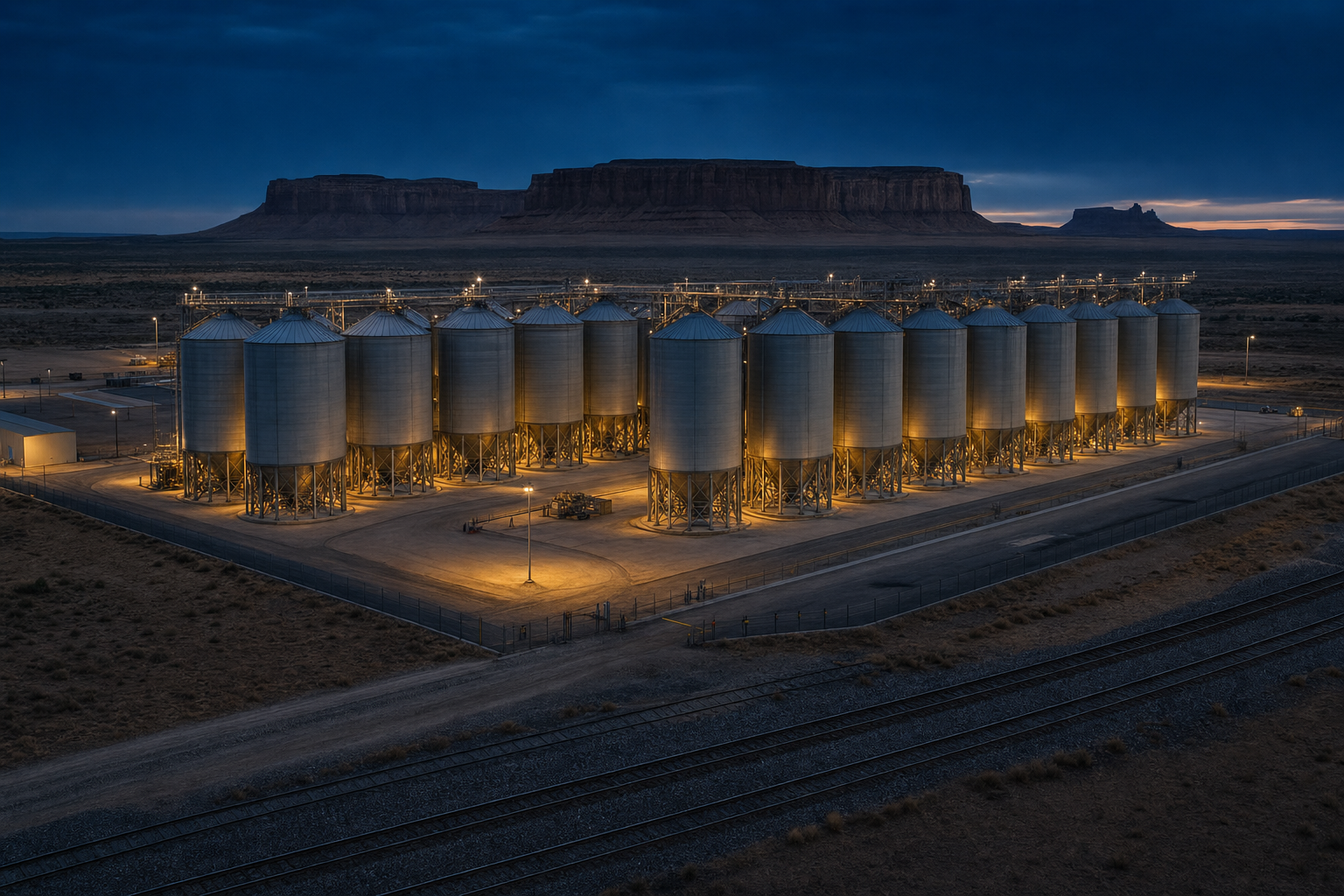 Mine Mineral Vault concept rendering — secured silos against mesa at twilight, BNSF rail siding in foreground.