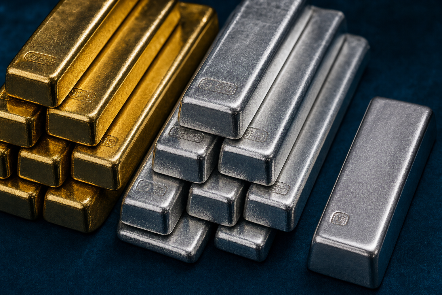 Stacked gold, silver, and platinum bullion bars representing the 1635 Precious Metals Division portfolio.